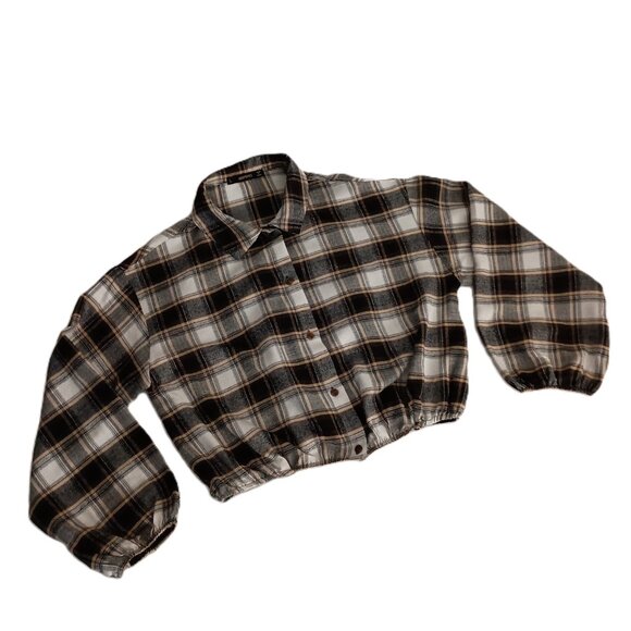 Hesperus Cropped Flannel Plaid Oversized Shirt Black Tan White Women’s Size L - Picture 3 of 16